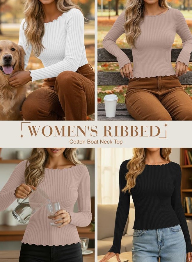 Riyiper 3 Pack Women's Long Sleeve Shirts Ribbed Cotton Boat Neck Tops Lettuce Trim Underscrub Slim Fit Casual Basic Tees, Black, White, Khaki, L - Image 3