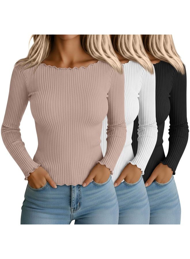 Riyiper 3 Pack Women's Long Sleeve Shirts Ribbed Cotton Boat Neck Tops Lettuce Trim Underscrub Slim Fit Casual Basic Tees, Black, White, Khaki, L - Image 1