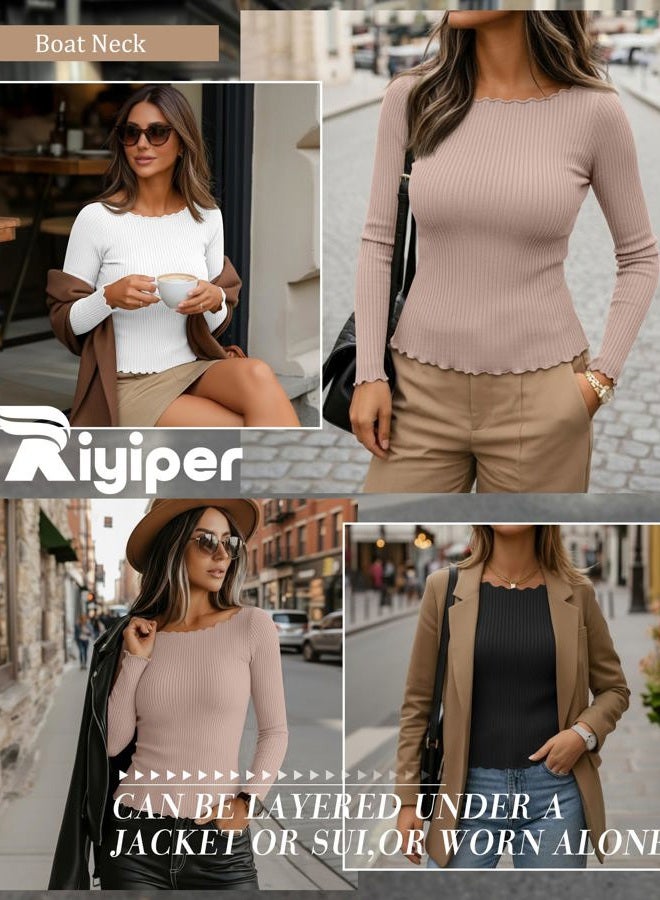 Riyiper 3 Pack Women's Long Sleeve Shirts Ribbed Cotton Boat Neck Tops Lettuce Trim Underscrub Slim Fit Casual Basic Tees, Black, White, Khaki, L - Image 4