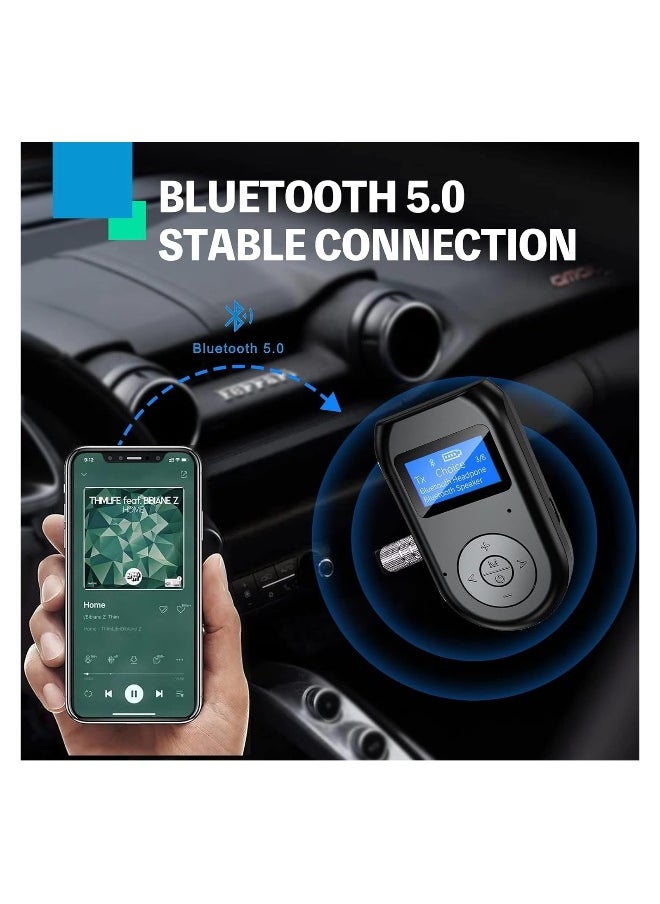 4-in-1 Bluetooth 5.0 Transmitter and Receiver with Display Screen, Dual Link Low Latency Audio Adapter for TV, PC, Car, Home Stereo System.