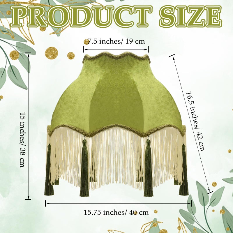 VIHOSE Victorian Scallop Lamp Shade Vintage Large 7.5" Top x 15.8" Bottom x 15 "High Replacement Lamp Shade with Tassels and Fringe Finial Fitting Bell Shape Scallop Fringe(Olive Green) - Image 2