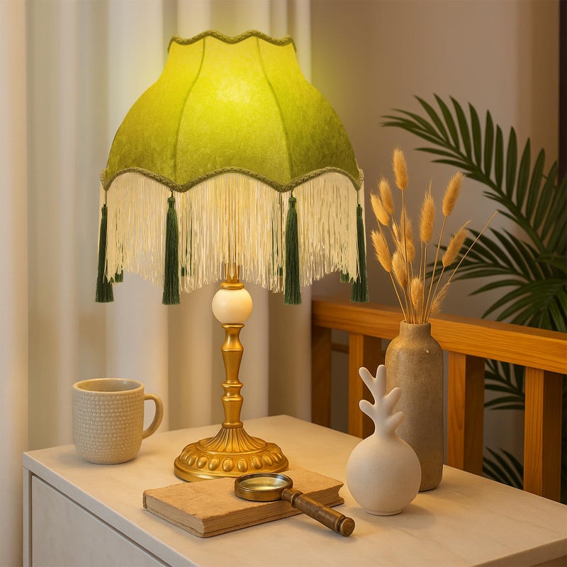 VIHOSE Victorian Scallop Lamp Shade Vintage Large 7.5" Top x 15.8" Bottom x 15 "High Replacement Lamp Shade with Tassels and Fringe Finial Fitting Bell Shape Scallop Fringe(Olive Green) - Image 4