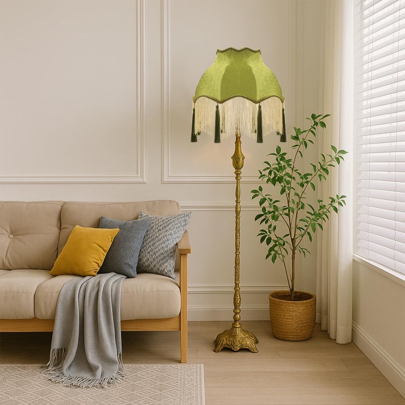 VIHOSE Victorian Scallop Lamp Shade Vintage Large 7.5" Top x 15.8" Bottom x 15 "High Replacement Lamp Shade with Tassels and Fringe Finial Fitting Bell Shape Scallop Fringe(Olive Green) - Image 1