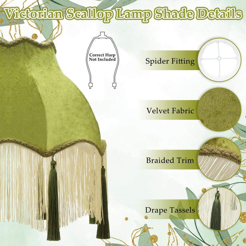 VIHOSE Victorian Scallop Lamp Shade Vintage Large 7.5" Top x 15.8" Bottom x 15 "High Replacement Lamp Shade with Tassels and Fringe Finial Fitting Bell Shape Scallop Fringe(Olive Green) - Image 3