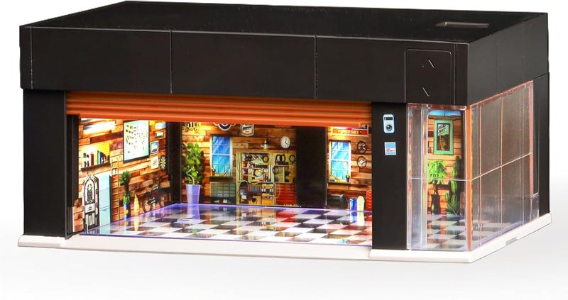 MOCBURIKU 1/64 مقياس عرض حافظة معدنية لتخزين سيارات هوت ويل مع إضاءة LED، مرآب كهربائي قابل للتكديس مع تحكم صوتي، 3 مشاهد ثلاثية الأبعاد قابلة للتبديل لمواقف السيارات للسيارات النموذجية (بني) - Image 1