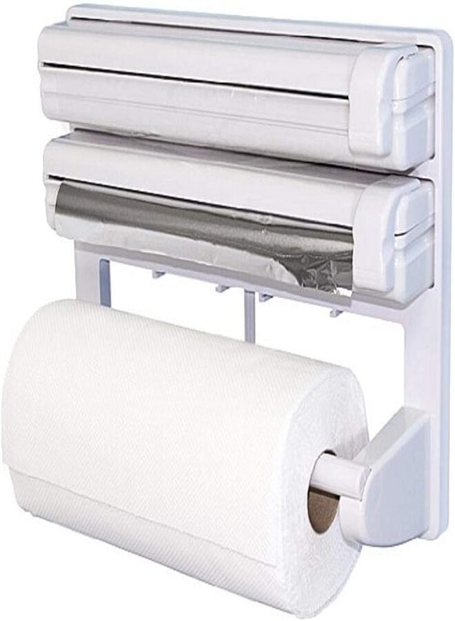 SUKILO Triple Paper Dispenser for Cling Film Wrap, Aluminium Foil & Kitchen Roll Holder - Plastic, White, Compact & Space-Saving Kitchen Organizer, Easy Refill & Installation, 38.5 x 19 x 7.5 cm  - Image 3