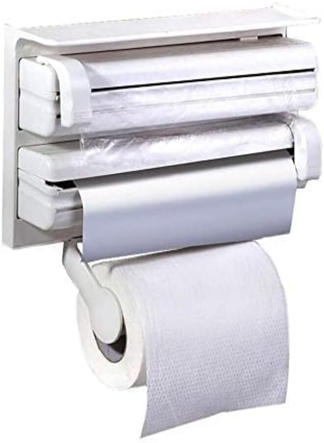 SUKILO Triple Paper Dispenser for Cling Film Wrap, Aluminium Foil & Kitchen Roll Holder - Plastic, White, Compact & Space-Saving Kitchen Organizer, Easy Refill & Installation, 38.5 x 19 x 7.5 cm  - Image 1
