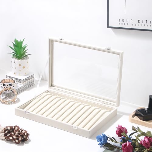 Coward 14 Hooks Necklace Storage Tray, Velvet Neckalce Organizer Box with Clear Lid, Pendant Chain Necklace Jewelry Organizer Drawer Tray for Women Girls (Beige) - Image 4