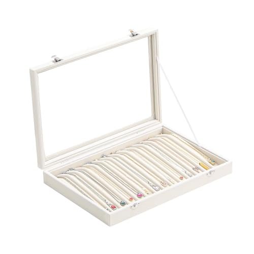 Coward 14 Hooks Necklace Storage Tray, Velvet Neckalce Organizer Box with Clear Lid, Pendant Chain Necklace Jewelry Organizer Drawer Tray for Women Girls (Beige) - Image 1