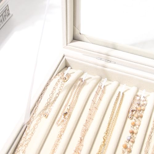 Coward 14 Hooks Necklace Storage Tray, Velvet Neckalce Organizer Box with Clear Lid, Pendant Chain Necklace Jewelry Organizer Drawer Tray for Women Girls (Beige) - Image 3