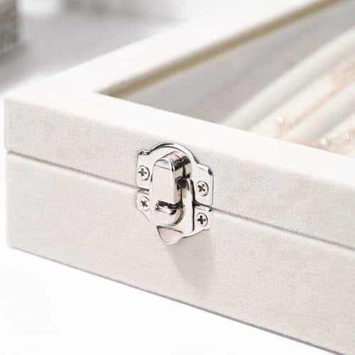 Coward 14 Hooks Necklace Storage Tray, Velvet Neckalce Organizer Box with Clear Lid, Pendant Chain Necklace Jewelry Organizer Drawer Tray for Women Girls (Beige) - Image 2