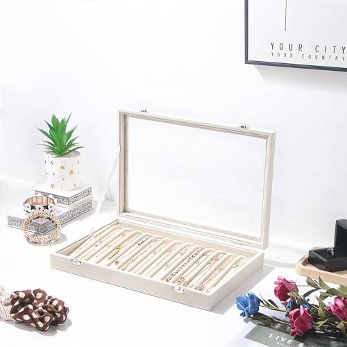 Coward 14 Hooks Necklace Storage Tray, Velvet Neckalce Organizer Box with Clear Lid, Pendant Chain Necklace Jewelry Organizer Drawer Tray for Women Girls (Beige) - Image 5