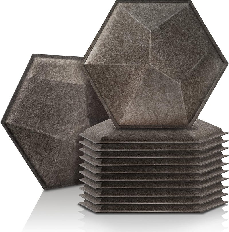Sonic Acoustics حزمة من 12 لوحة صوتية هكسائية ثلاثية الأبعاد من ، مقاسات 14" × 12" × 0.2"، عالية الكثافة، تمتص الصوت، عازلة للصوت، لون بني - Image 1