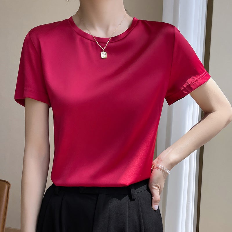 Acetic Acid Short-sleeved T-shirt Women's Summer New Style Top All-match High-grade Satin Crewneck V-neck - Image 1