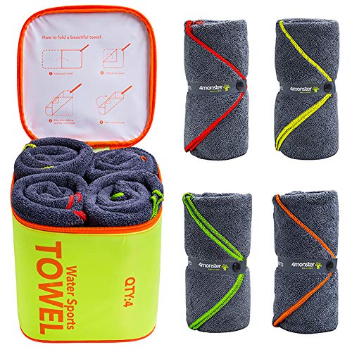 4Monster 4 Pack Microfiber Camping Towel Quick Dry, Super Absorbent Travel Towel with Waterproof Bag, Lightweight Boat Towel for RV, Sport, Gym, Beach, Pool, Swim,Family Trip - Image 1