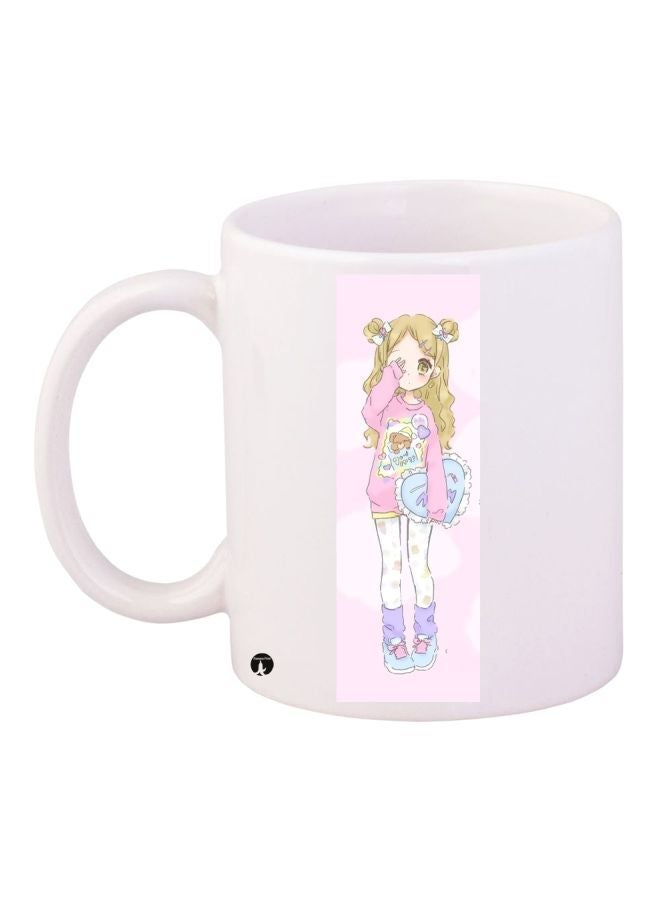 RYN Animated Girl Printed Coffee Mug White/Pink/Brown 11ounce