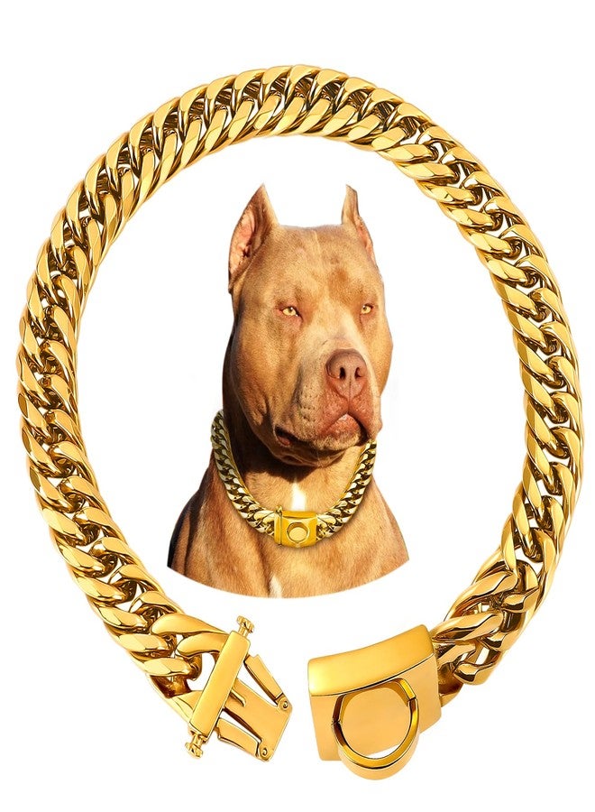BAOBOTE Gold Chain Dog Collar,16MM 18K Gold Heavy Duty Cuban Link Collar with Secure Snap Buckle Dog Chain Metal Collar Chew Proof for Dogs(22" Gold) - Image 1