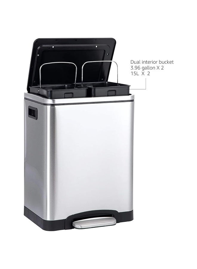AKC Dual Compartment Stainless Steel Recycle Bin – 30L( 15 + 15 L) Kitchen Trash Can with Foot Pedal – Split Recycling & Waste Bin – Soft Close Lid, Fingerprint-Resistant, Modern Home or Office Use - Image 2