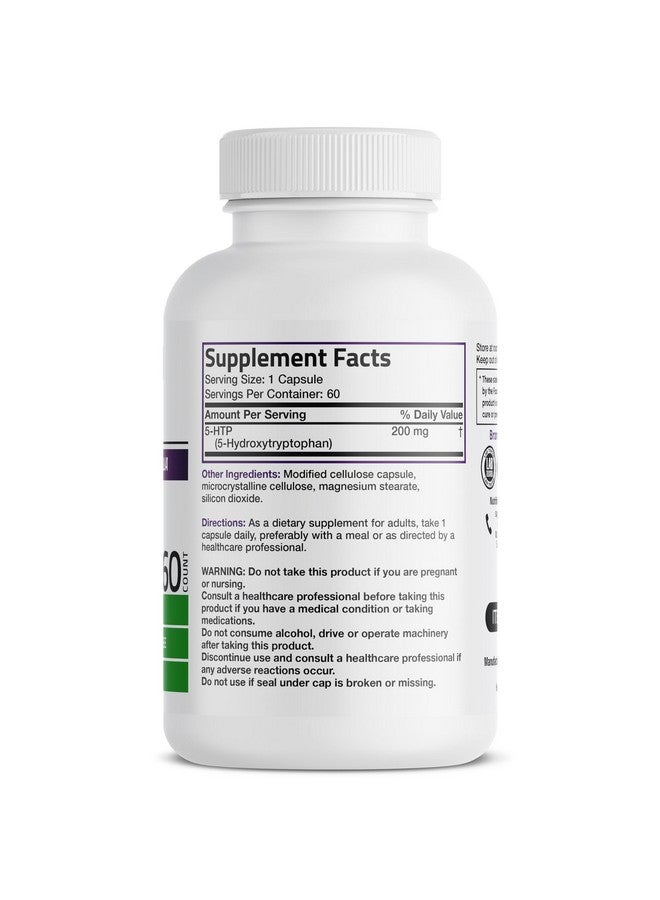 Bronson برونسون 5-HTP 200 ملغ (5-هيدروكسي تريبتوفان) جريفونيا سيمبليسي فوليا غير معدلة وراثيًا، 60 كبسولة نباتية - Image 2