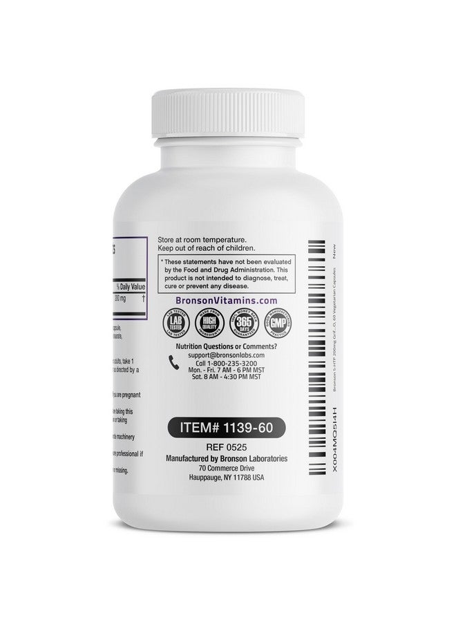 Bronson برونسون 5-HTP 200 ملغ (5-هيدروكسي تريبتوفان) جريفونيا سيمبليسي فوليا غير معدلة وراثيًا، 60 كبسولة نباتية - Image 5