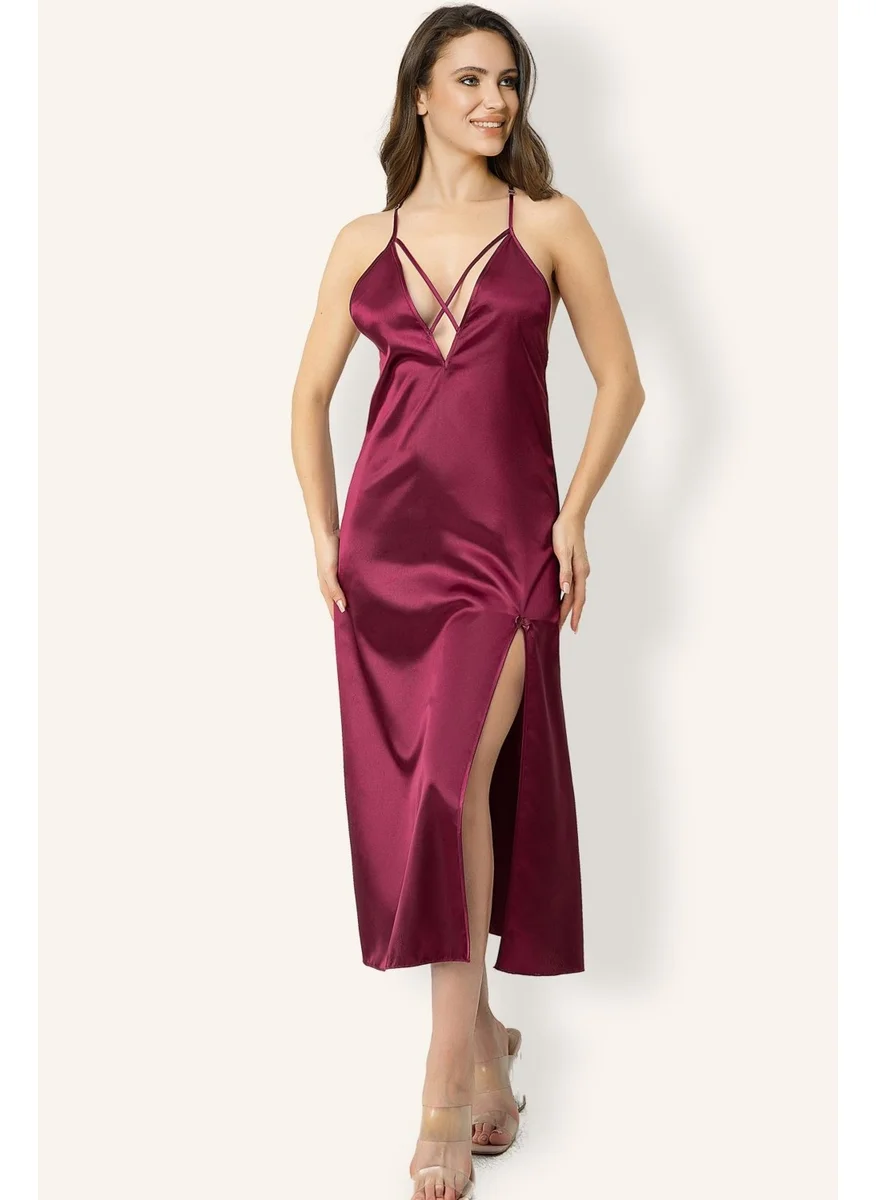 دو رى مى Back Lace Detailed Slit Satin Nightgown