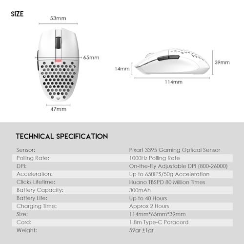 FANTECH ARIA XD7 Wireless Gaming Mouse Pixart 3395 Gaming Sensor 26000 DPI, HUANO Switches, Super Lightweight 59 Grams and Ambidextrous Egg Shape, 3 Mode Connectivity, White - Image 5