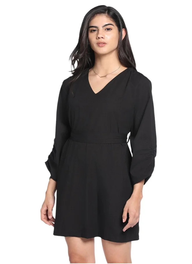 دينيس لينغو Regular Fit Black Poplin V-Neck Dress for Women