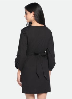 Dennis Lingo Regular Fit Black Poplin V-Neck Dress for Women  - Image 3