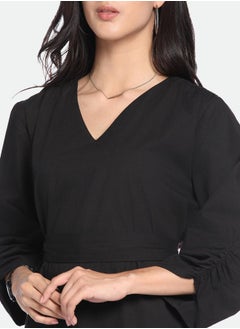 Dennis Lingo Regular Fit Black Poplin V-Neck Dress for Women  - Image 2