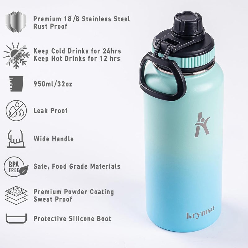 KRYMSO Stainless Steel Water Bottle 950ml – Insulated Sports Flask for Hot & Cold Drinks – Leakproof, Durable, BPA-Free – Ideal for Gym, Travel, Hiking (New Sky) - Image 4