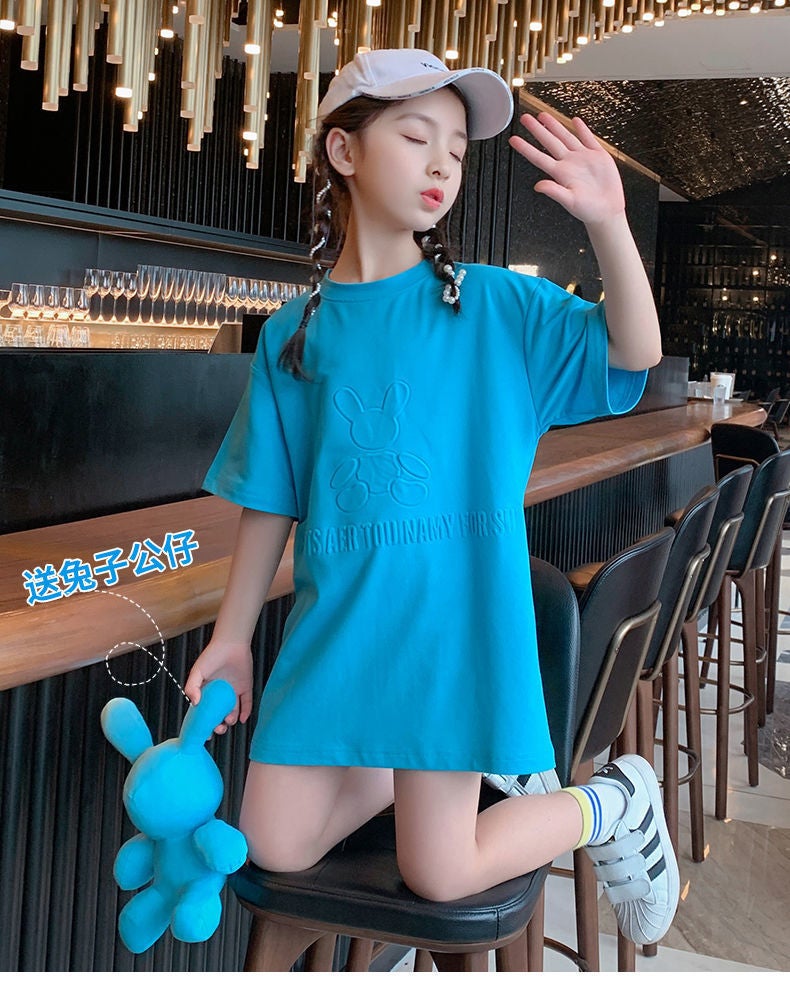 Girls Summer dress 2023 New Style Western Style Childrens Wear Childrens Short Sleeve Skirt Summer Girls Long T-Shirt Skirt Blue gives a little bear 