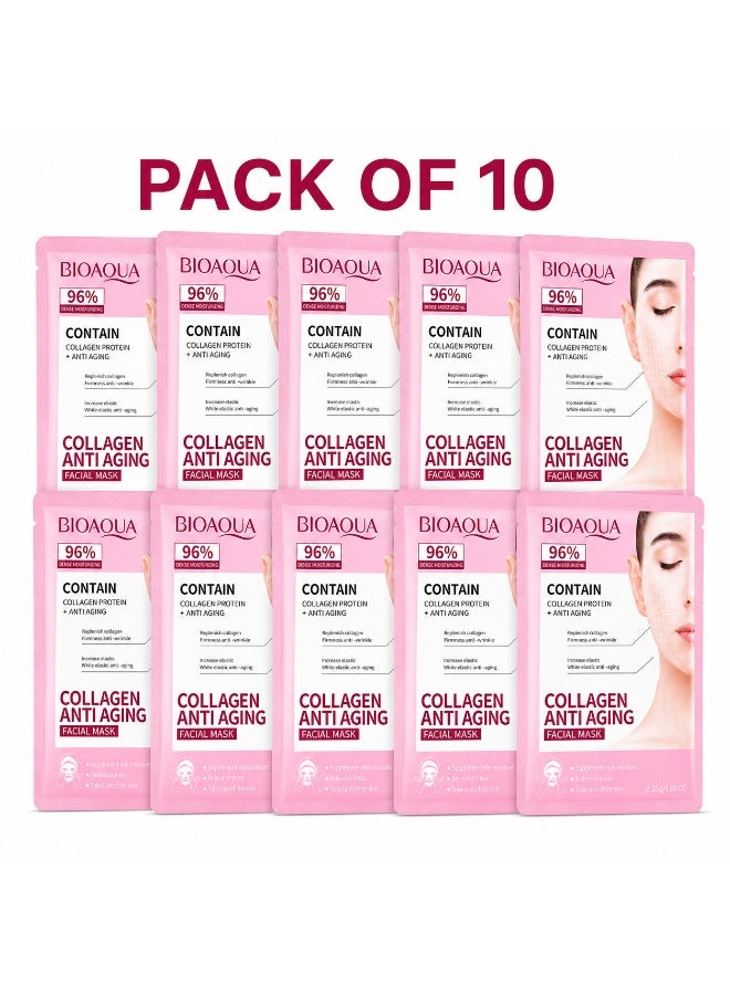 BIOAQUA Collagen Anti Aging Facial Sheet Mask for Firmness, Elasticity, Dry Dull Skin & Wrinkle Repair | Plumping Moisturizing Formula | Daily Skincare All Skin Types | Pack of 10 | 25g Each - Image 1