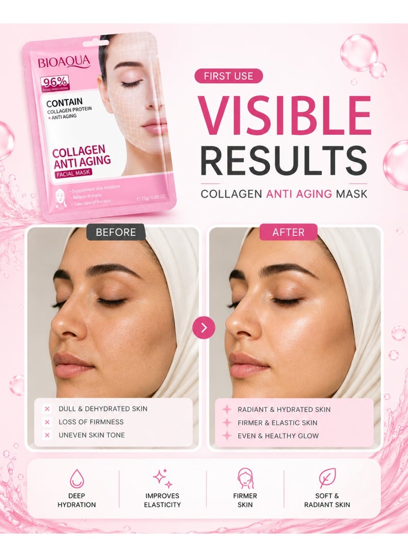BIOAQUA Collagen Anti Aging Facial Sheet Mask for Firmness, Elasticity, Dry Dull Skin & Wrinkle Repair | Plumping Moisturizing Formula | Daily Skincare All Skin Types | Pack of 10 | 25g Each - Image 4