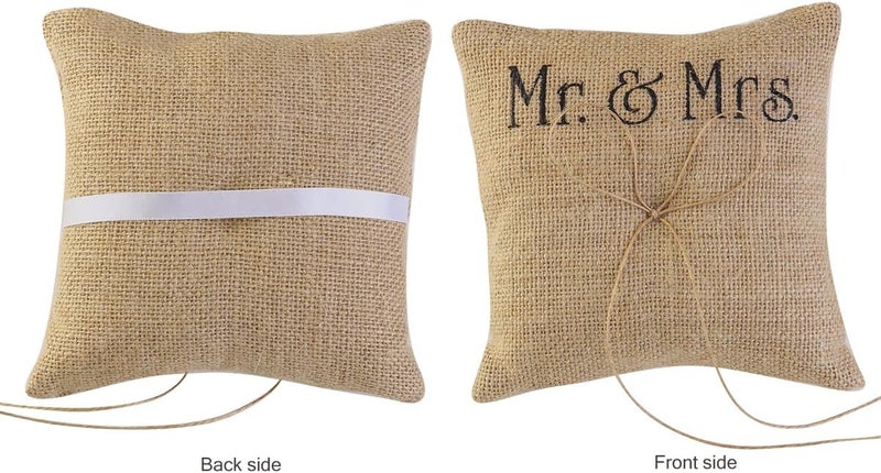 Tinksky Mr Mrs Wedding Ring Pillow Burlap Jute Bow Twine Rustic Ring Pillow - Image 3
