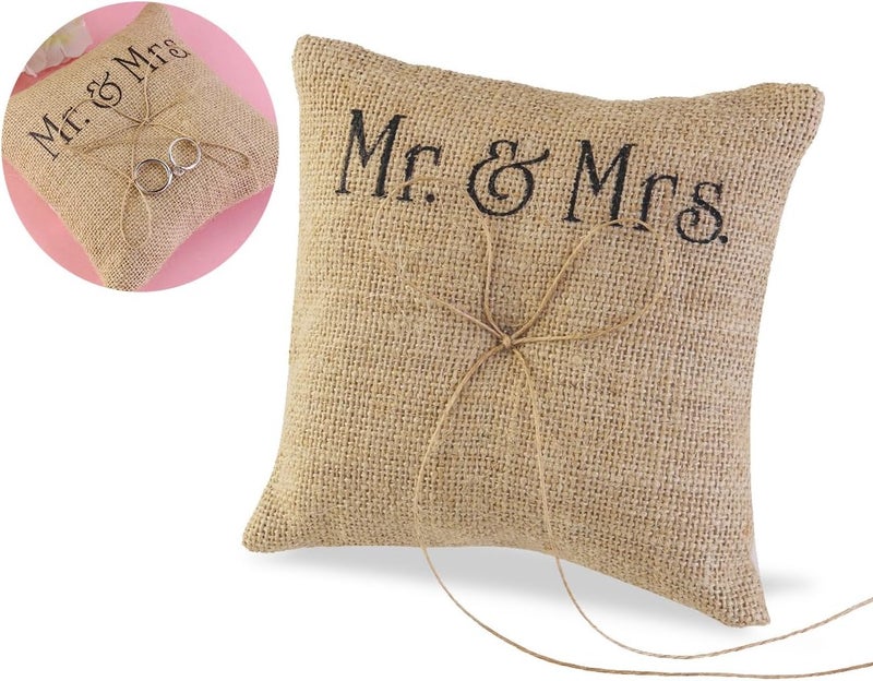 Tinksky Mr Mrs Wedding Ring Pillow Burlap Jute Bow Twine Rustic Ring Pillow - Image 2