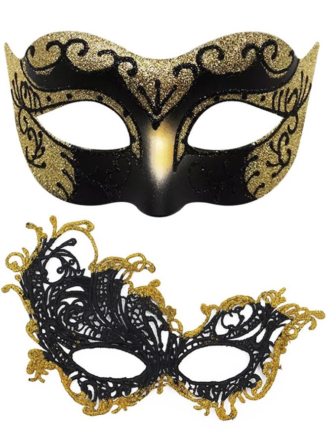 2 Pcs Couple Masquerade Mask Set Venetian Party Mask Costume Mask Fancy Dress Mask for Women Men (Gold) - Image 1
