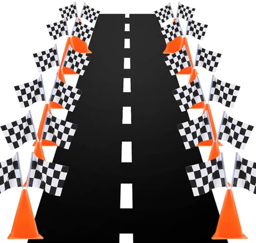 YOELVN 7inch Orange Racing Traffic Cones With Holes on TopCheckered FlagsRacetrack Floor RunnerRace Car Birthday Party DecorationsTable Centerpiece Supplies 38PCS Set - Image 1