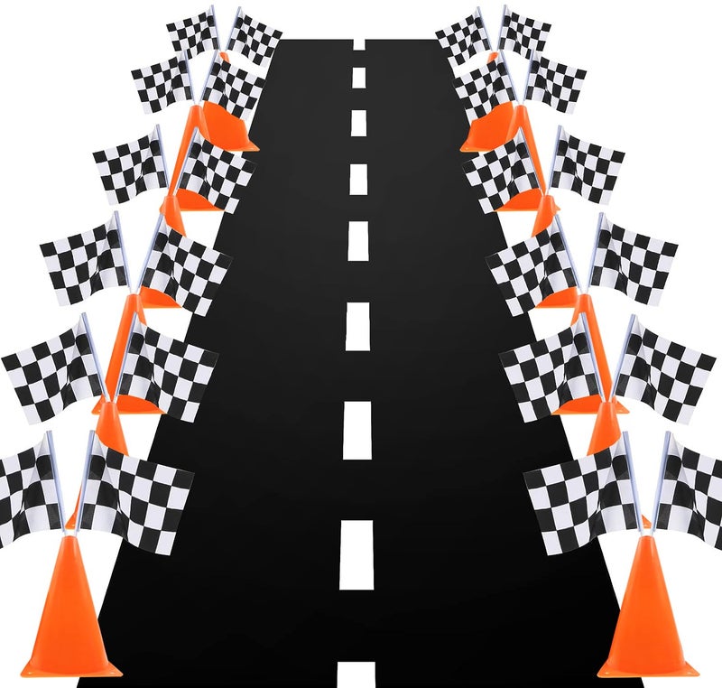YOELVN 7inch Orange Racing Traffic Cones With Holes on TopCheckered FlagsRacetrack Floor RunnerRace Car Birthday Party DecorationsTable Centerpiece Supplies 38PCS Set - Image 2