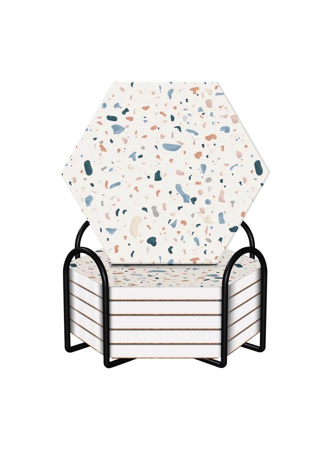 Kuber Industries Kuber Industries Set of 6 Diatomite Stone Print Hexagon Coasters with Cork Steel Holder Stand For Hot Pots - Water Absorbent Tea Cup & Water Glass Cover Top Lid | White-SOV002-08  - Image 2