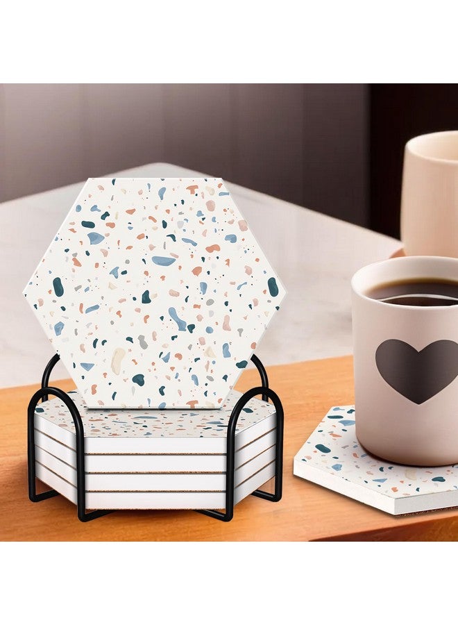 Kuber Industries Kuber Industries Set of 6 Diatomite Stone Print Hexagon Coasters with Cork Steel Holder Stand For Hot Pots - Water Absorbent Tea Cup & Water Glass Cover Top Lid | White-SOV002-08  - Image 1