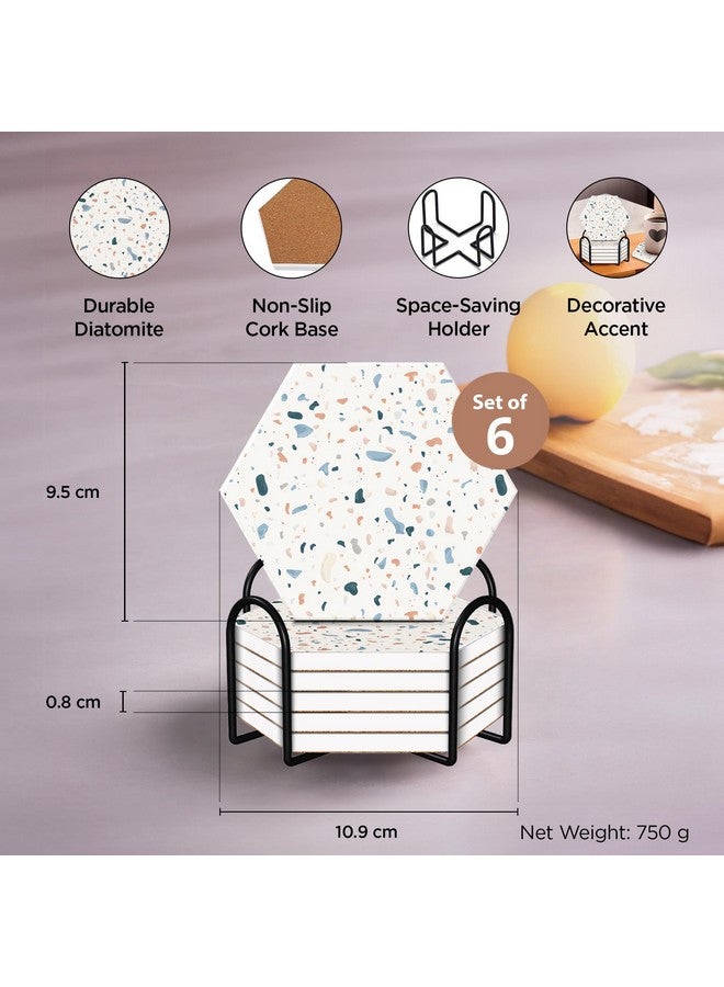 Kuber Industries Kuber Industries Set of 6 Diatomite Stone Print Hexagon Coasters with Cork Steel Holder Stand For Hot Pots - Water Absorbent Tea Cup & Water Glass Cover Top Lid | White-SOV002-08  - Image 4