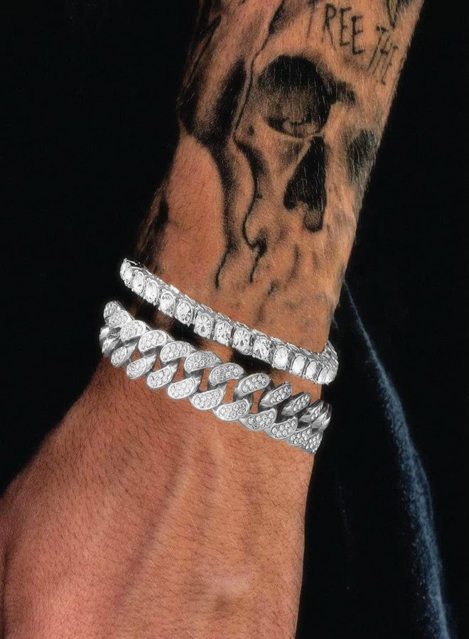 HH BLING EMPIRE أساور HH BLING EMPIRE من الذهب عيار 14 قيراطًا والفضة، مرصعة بالألماس، بتصميم التنس والوصلات الكوبية، مناسبة للرجال والنساء، مجوهرات هيب هوب، 8.5 بوصة، مصنوعة من الزنك والألماس الكريستالي. - Image 2