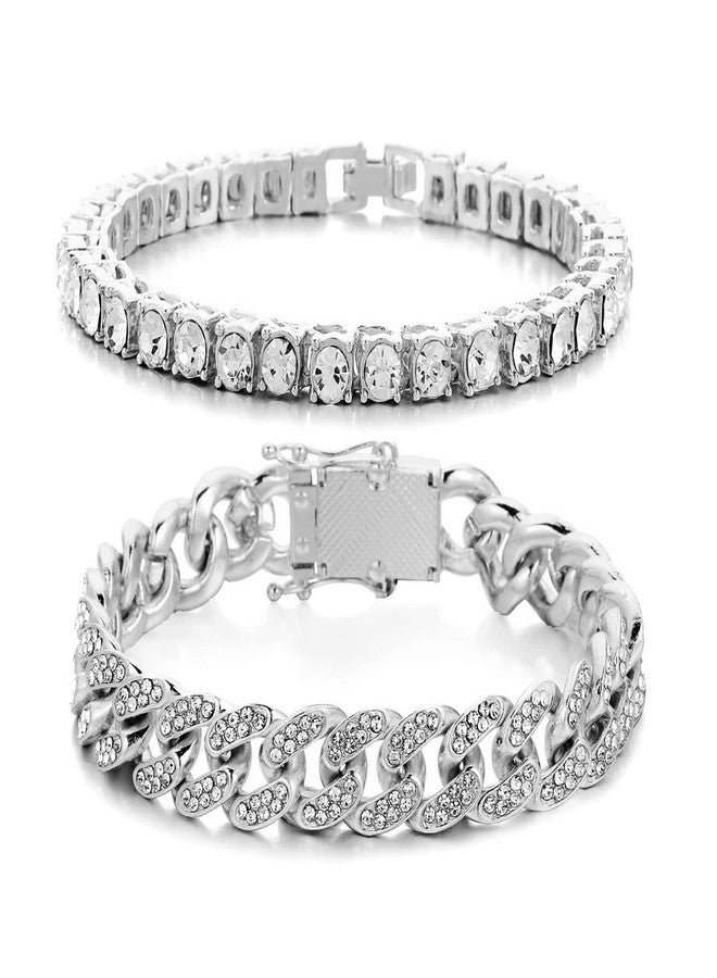 HH BLING EMPIRE أساور HH BLING EMPIRE من الذهب عيار 14 قيراطًا والفضة، مرصعة بالألماس، بتصميم التنس والوصلات الكوبية، مناسبة للرجال والنساء، مجوهرات هيب هوب، 8.5 بوصة، مصنوعة من الزنك والألماس الكريستالي. - Image 1