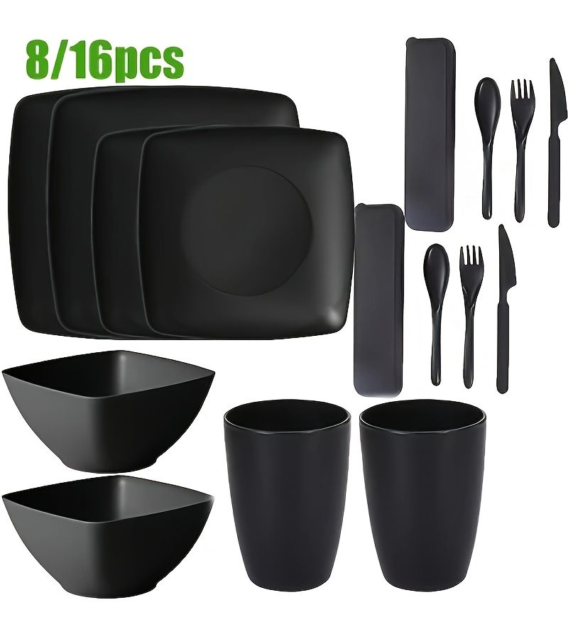 8 Piece Classic Square Dinnerware Set With Plates Bowls Cups And Utensils For Home Picnics Travel Camping And Outdoor Use Dishwasher Safe - Image 1