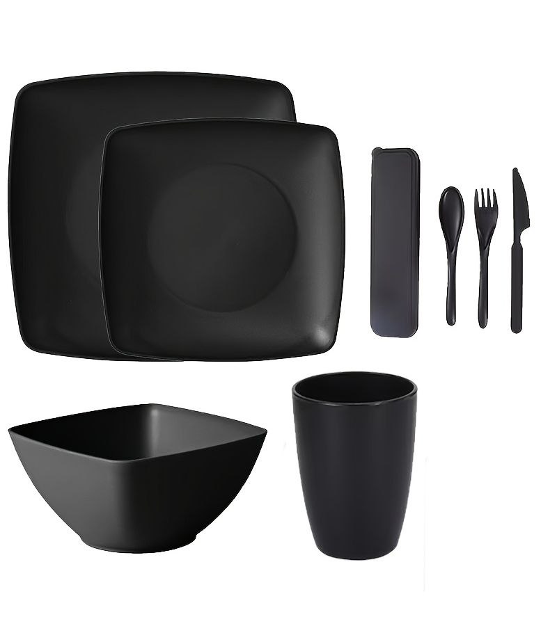 8 Piece Classic Square Dinnerware Set With Plates Bowls Cups And Utensils For Home Picnics Travel Camping And Outdoor Use Dishwasher Safe - Image 4