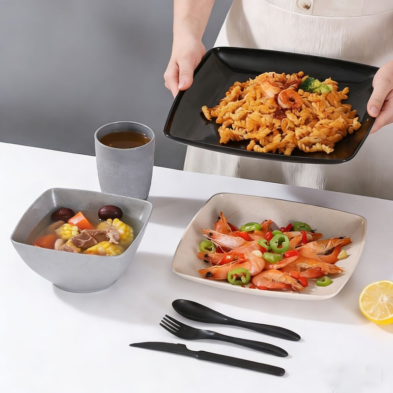 8 Piece Classic Square Dinnerware Set With Plates Bowls Cups And Utensils For Home Picnics Travel Camping And Outdoor Use Dishwasher Safe - Image 2