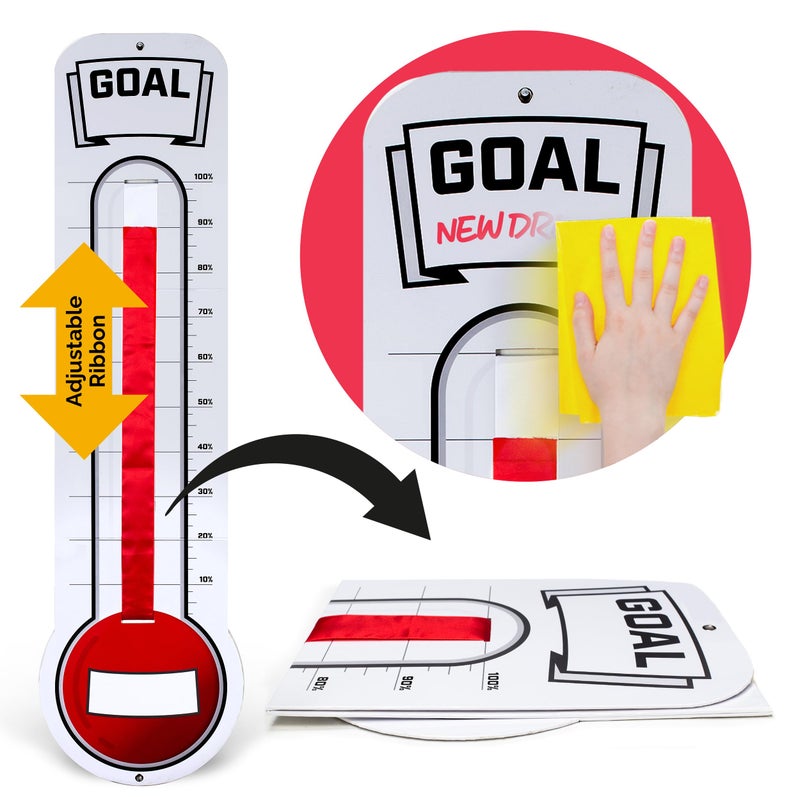 ORCA Fundraising Thermometer Chart Goal Tracker | Dry Erase Goal Setting Wall Mounted Thermometer | Giant Sales Goal Board with Pull-Through Ribbon Progress Tracker (46” x 12”) by ORCA - Image 1