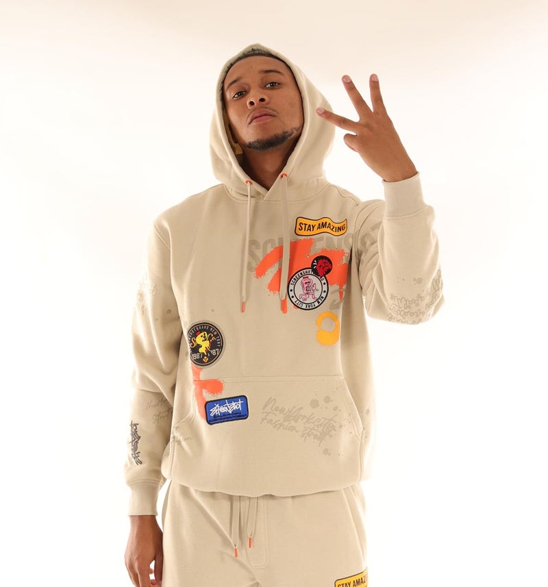 SCREENSHOT-H11453 Mens Upgraded Premium Streetwear Fleece Hoodie - Stay Amazing Urban Graffiti Embroidery Patch Pullover Sweatshirt-Stone-Small - Image 2