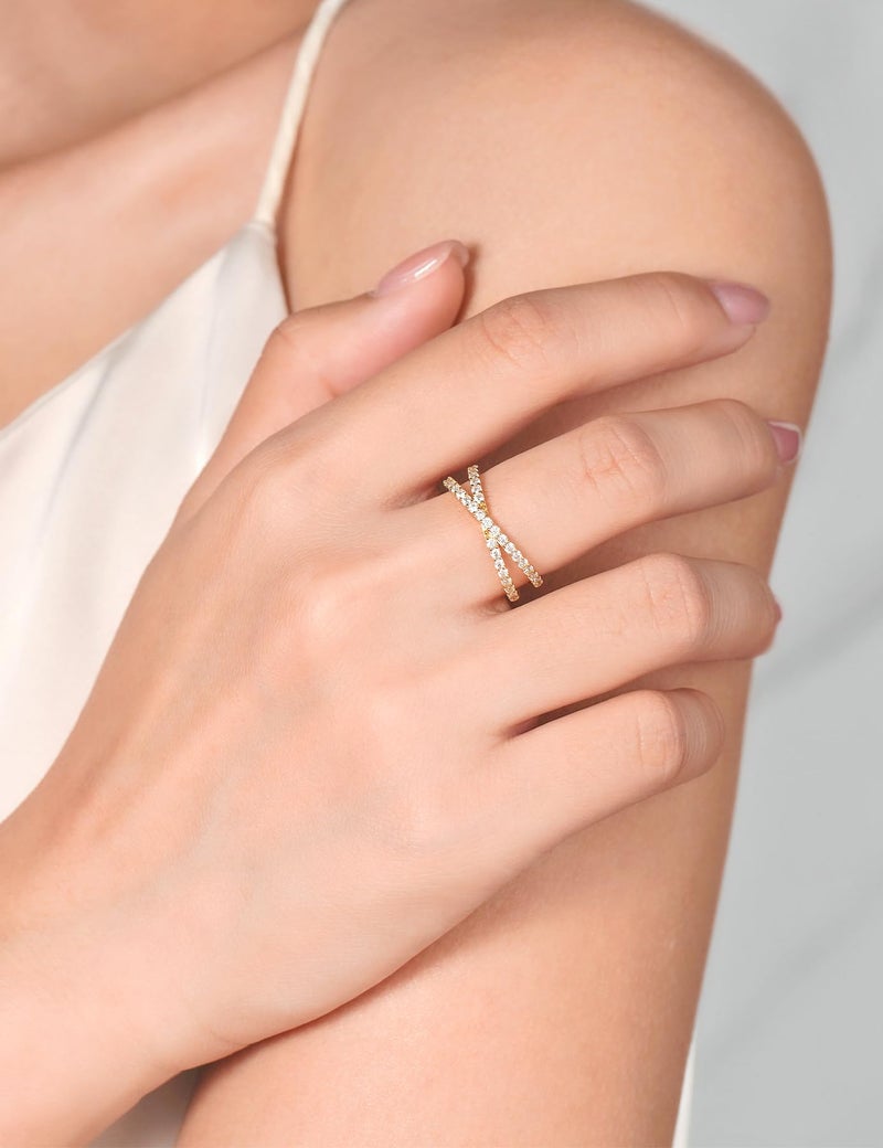 IMOLOVE Moissanite Wedding Band, Criss Cross Ring, Yellow Gold Plated Sterling Silver, Size 6 - Image 4