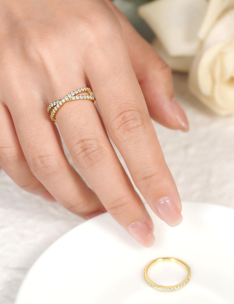 IMOLOVE Moissanite Wedding Band, Criss Cross Ring, Yellow Gold Plated Sterling Silver, Size 6 - Image 3